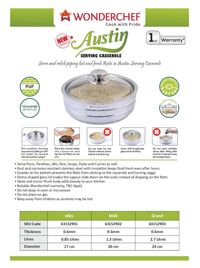 Wonderchef Austin Stainless Steel Serving Casserole - Grand