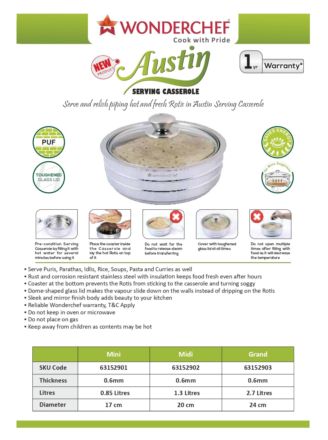Wonderchef Austin Stainless Steel Serving Casserole - Set of 3 Mini, Midi & Grand