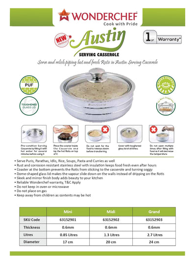 Wonderchef Austin Stainless Steel Serving Casserole - Set of 3 Mini, Midi & Grand