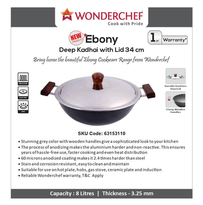 Wonderchef Ebony Deep Kadhai With Lid 34cm 8L